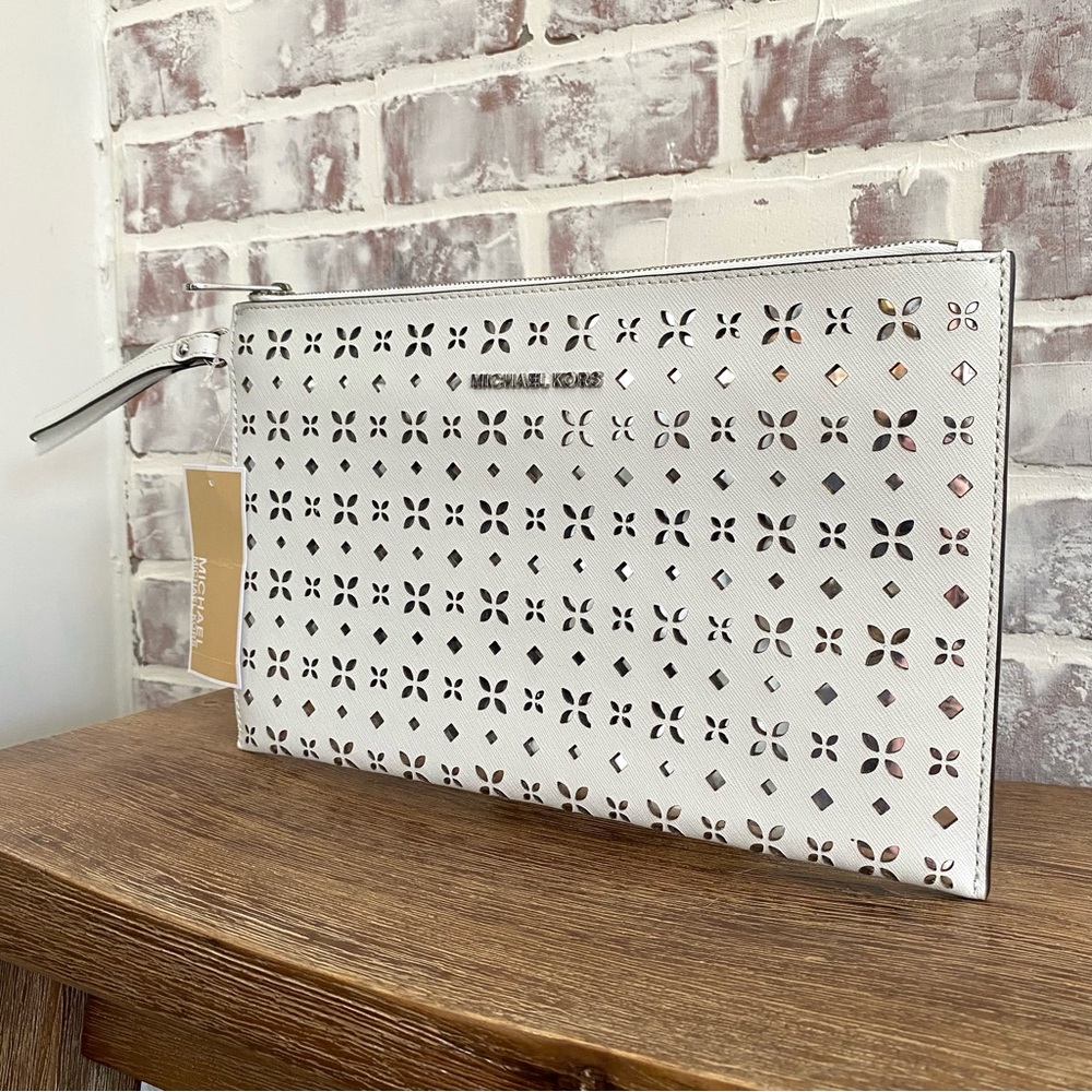 Micheal Kors • XL Laser Cut Leather Clutch • Perforated Floral Geometric Pattern - Picture 3 of 15